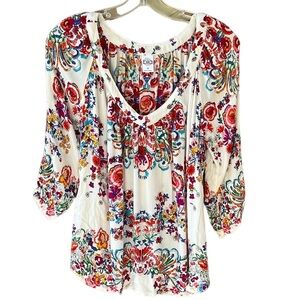 Bila Women's Sz S Flowy Boho White Paisley Multi Floral V Neck Blouse Top